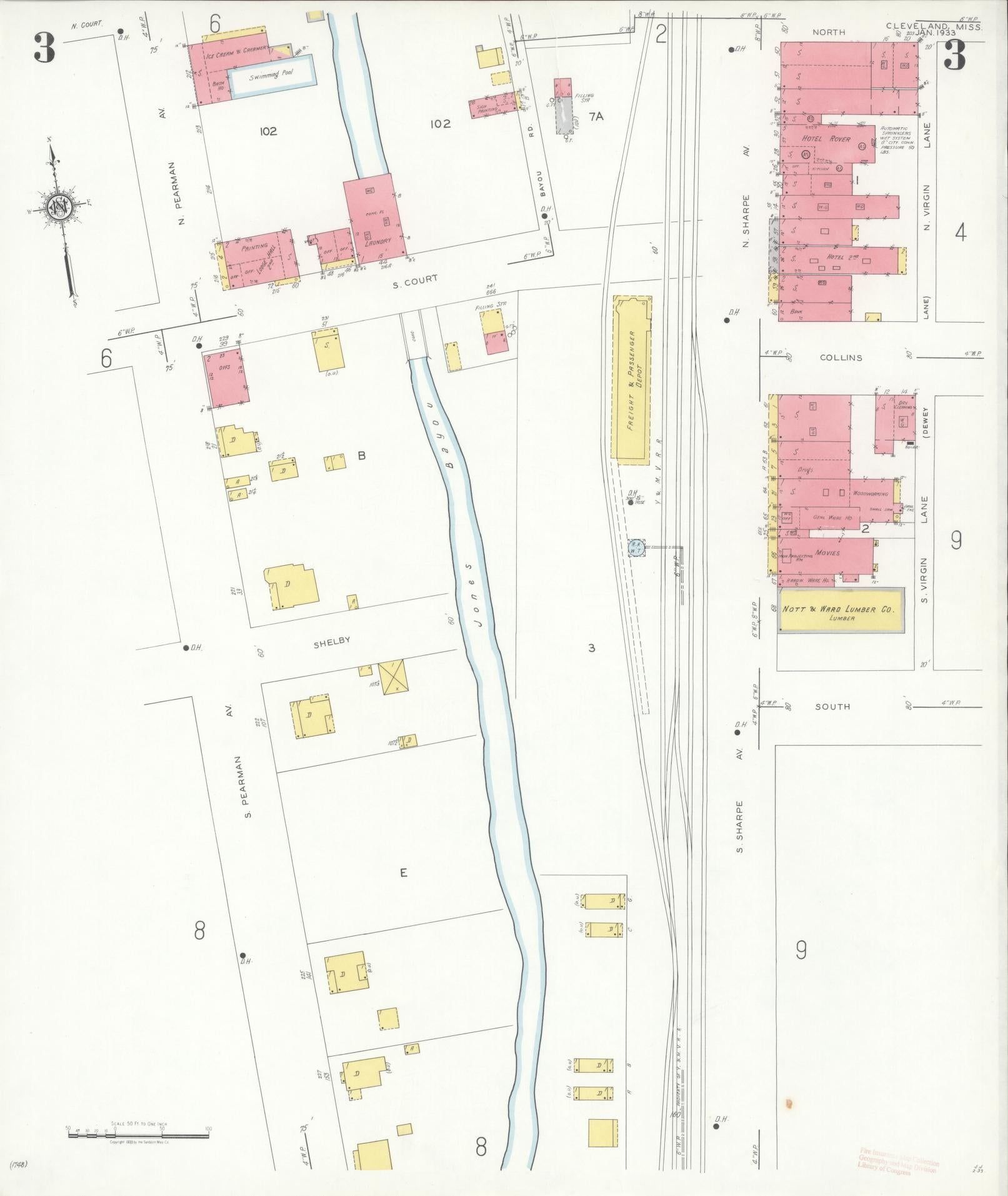 Sanborn Fire Insurance Map from Cleveland, Bolivar County, Mississippi (1933), Sheet #0003 - Historic Sanborn Fire Insurance Map Print, vintage old map wall art, antique decor, genealogy gift, Mississippi Mississippi map