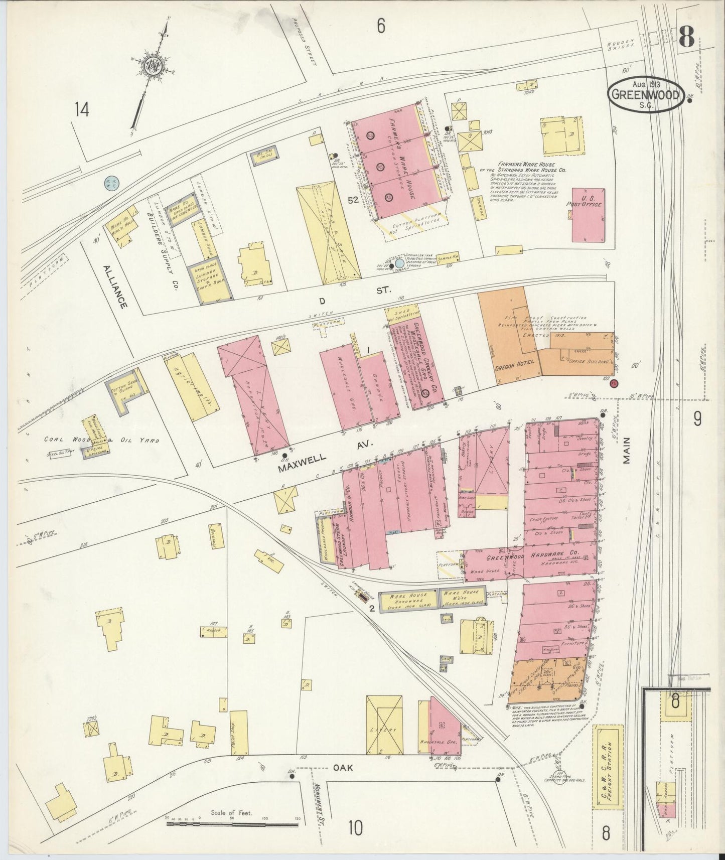 Sanborn Fire Insurance Map from Greenwood, Greenwood County, South Carolina (1913), Sheet #0008 - Complete Map Set gallery image, historic Sanborn map, vintage wall art, South Carolina South Carolina
