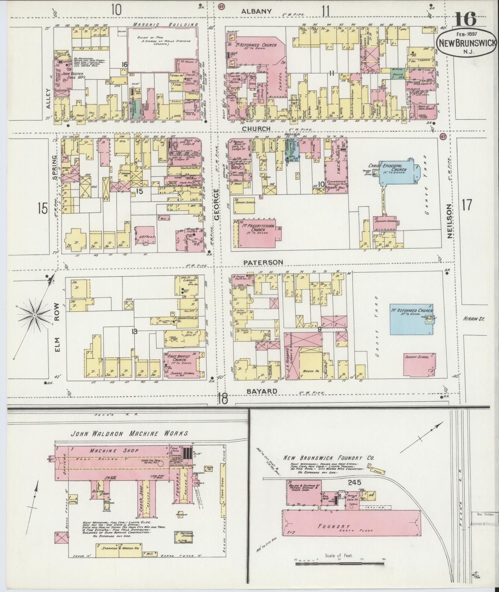 Sanborn Fire Insurance Map from New Brunswick, Middlesex County, New Jersey (1897), Sheet #0016 - Historic Sanborn Fire Insurance Map Print, vintage old map wall art, antique decor, genealogy gift, New Jersey New Jersey map