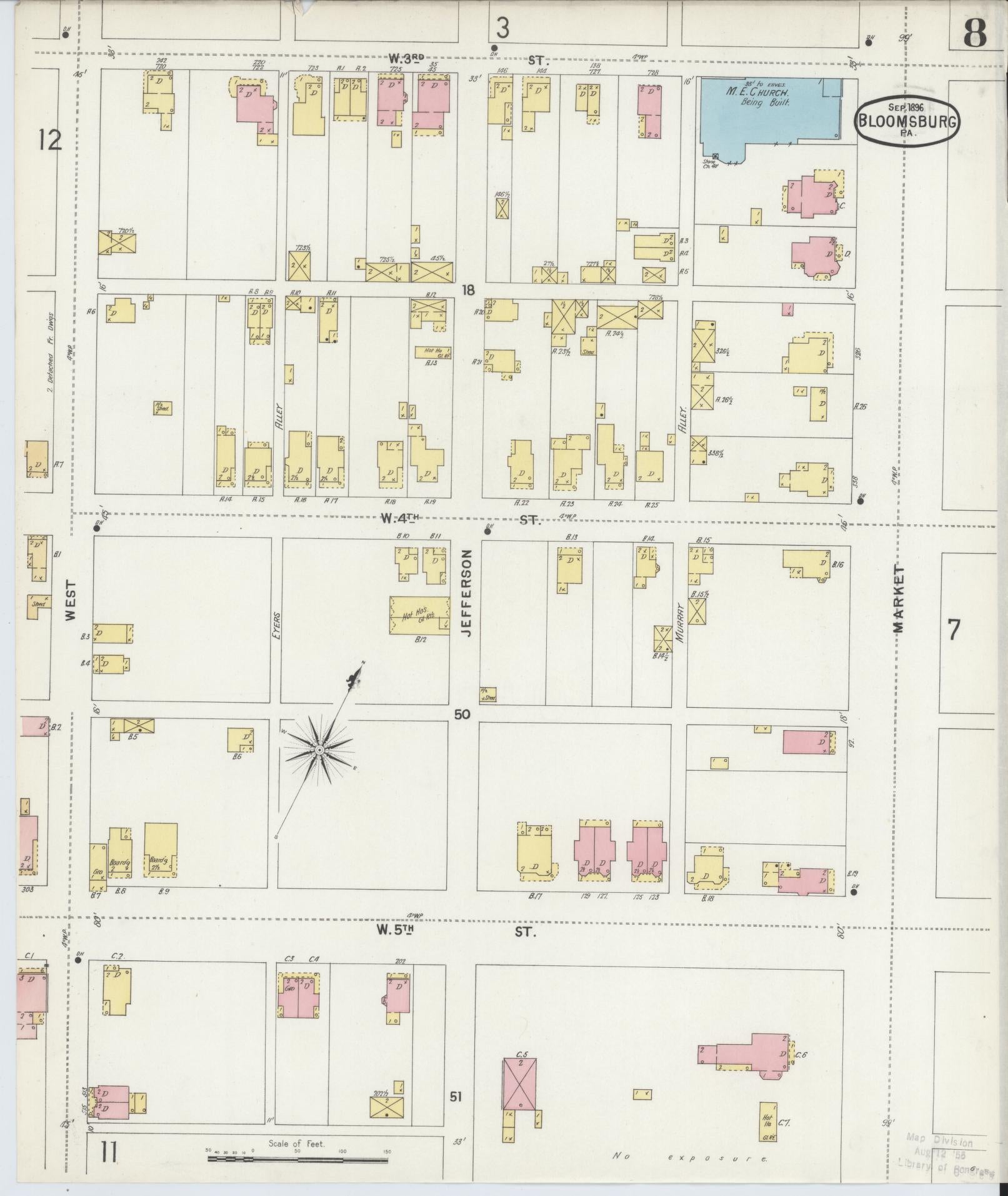Sanborn Fire Insurance Map from Bloomsburg, Columbia County, Pennsylvania (1896), Sheet #0008 - Historic Sanborn Fire Insurance Map Print, vintage old map wall art, antique decor, genealogy gift, Pennsylvania Pennsylvania map