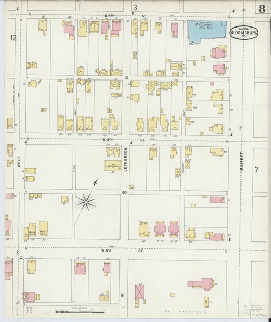 Sanborn Fire Insurance Map from Bloomsburg, Columbia County, Pennsylvania (1896), Sheet #0008 - Historic Sanborn Fire Insurance Map Print, vintage old map wall art, antique decor, genealogy gift, Pennsylvania Pennsylvania map