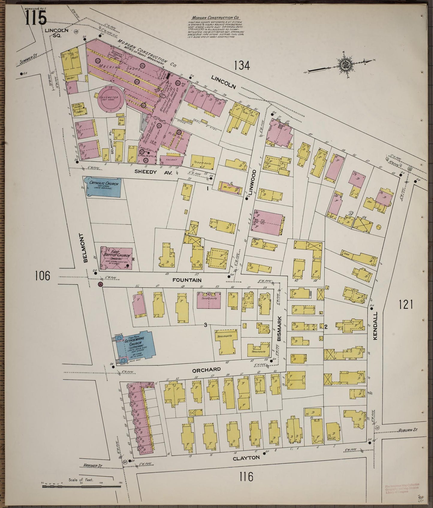Sanborn Fire Insurance Map from Worcester, Worcester County, Massachusetts (1910), Sheet #0115 - Historic Sanborn Fire Insurance Map Print, vintage old map wall art, antique decor, genealogy gift, Massachusetts Massachusetts map