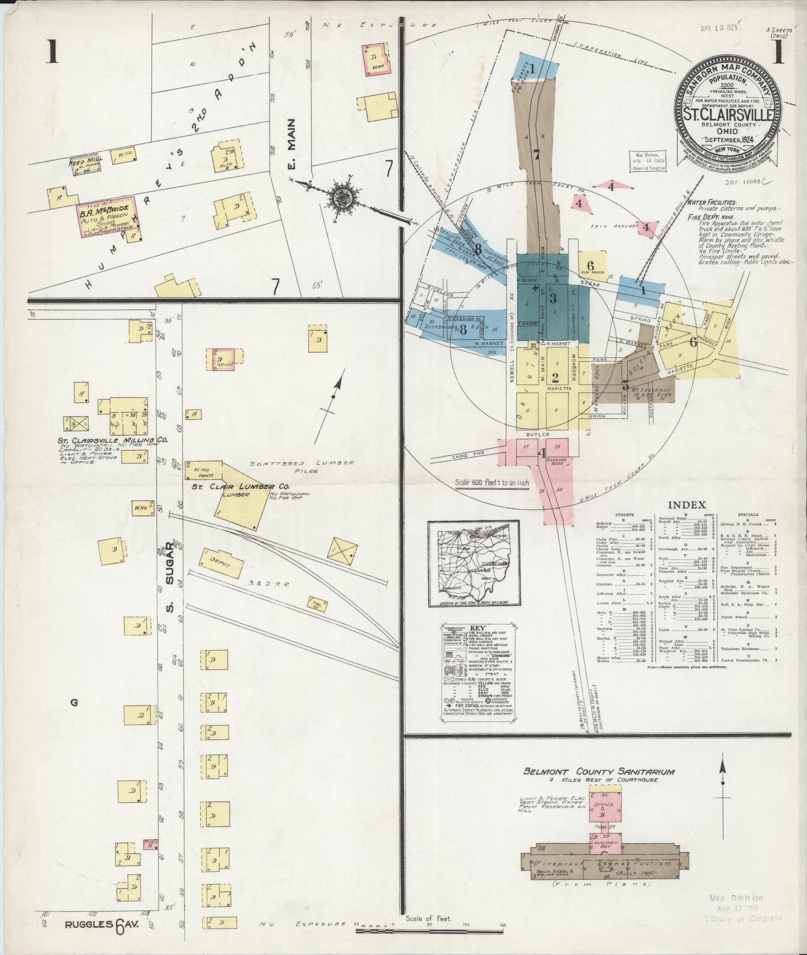 Sanborn Fire Insurance Map from Saint Clairsville, Belmont County, Ohio (1924), Sheet #0001 - Historic Sanborn Fire Insurance Map Print, vintage old map wall art, antique decor, genealogy gift, Ohio Ohio map