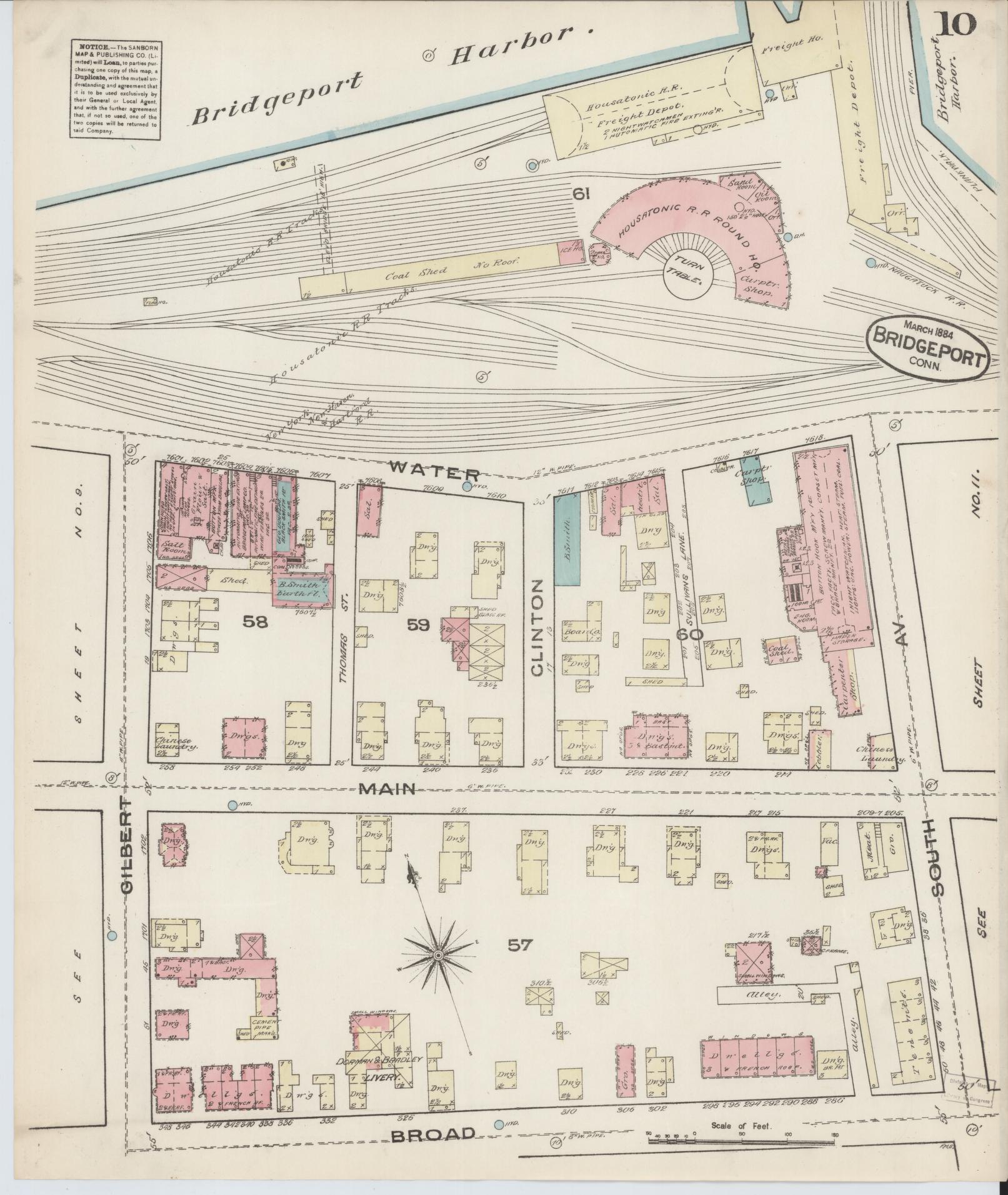 Sanborn Fire Insurance Map from Bridgeport, Fairfield County, Connecticut (1884), Sheet #0010 - Historic Sanborn Fire Insurance Map Print, vintage old map wall art, antique decor, genealogy gift, Connecticut Connecticut map