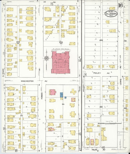 Sanborn Fire Insurance Map from Saint Joseph, Berrien County, Michigan (1921), Sheet #0016 - Historic Sanborn Fire Insurance Map Print, vintage old map wall art, antique decor, genealogy gift, Michigan Michigan map