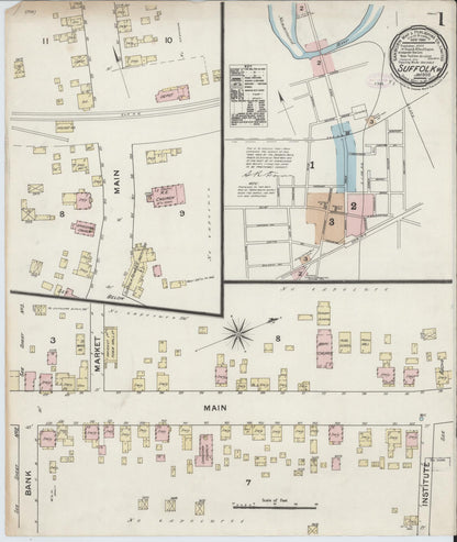 Sanborn Fire Insurance Map from Suffolk, Independent Cities, Virginia (1888), Sheet #0001 - Historic Sanborn Fire Insurance Map Print, vintage old map wall art, antique decor, genealogy gift, Virginia Virginia map