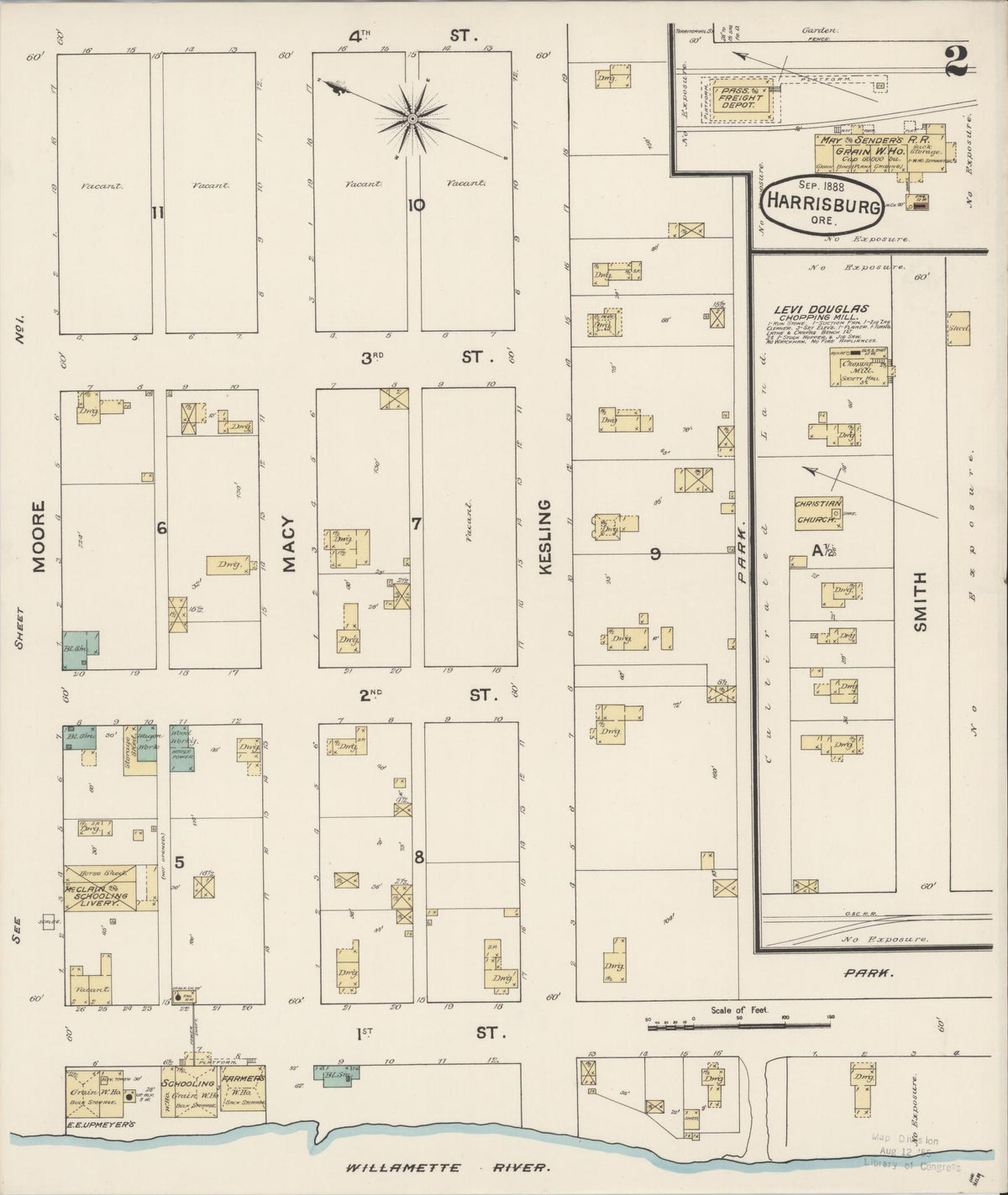 Sanborn Fire Insurance Map from Harrisburg, Linn County, Oregon (1888), Sheet #0002 - Historic Sanborn Fire Insurance Map Print, vintage old map wall art, antique decor, genealogy gift, Oregon Oregon map