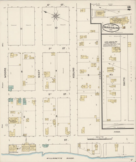 Sanborn Fire Insurance Map from Harrisburg, Linn County, Oregon (1888), Sheet #0002 - Historic Sanborn Fire Insurance Map Print, vintage old map wall art, antique decor, genealogy gift, Oregon Oregon map