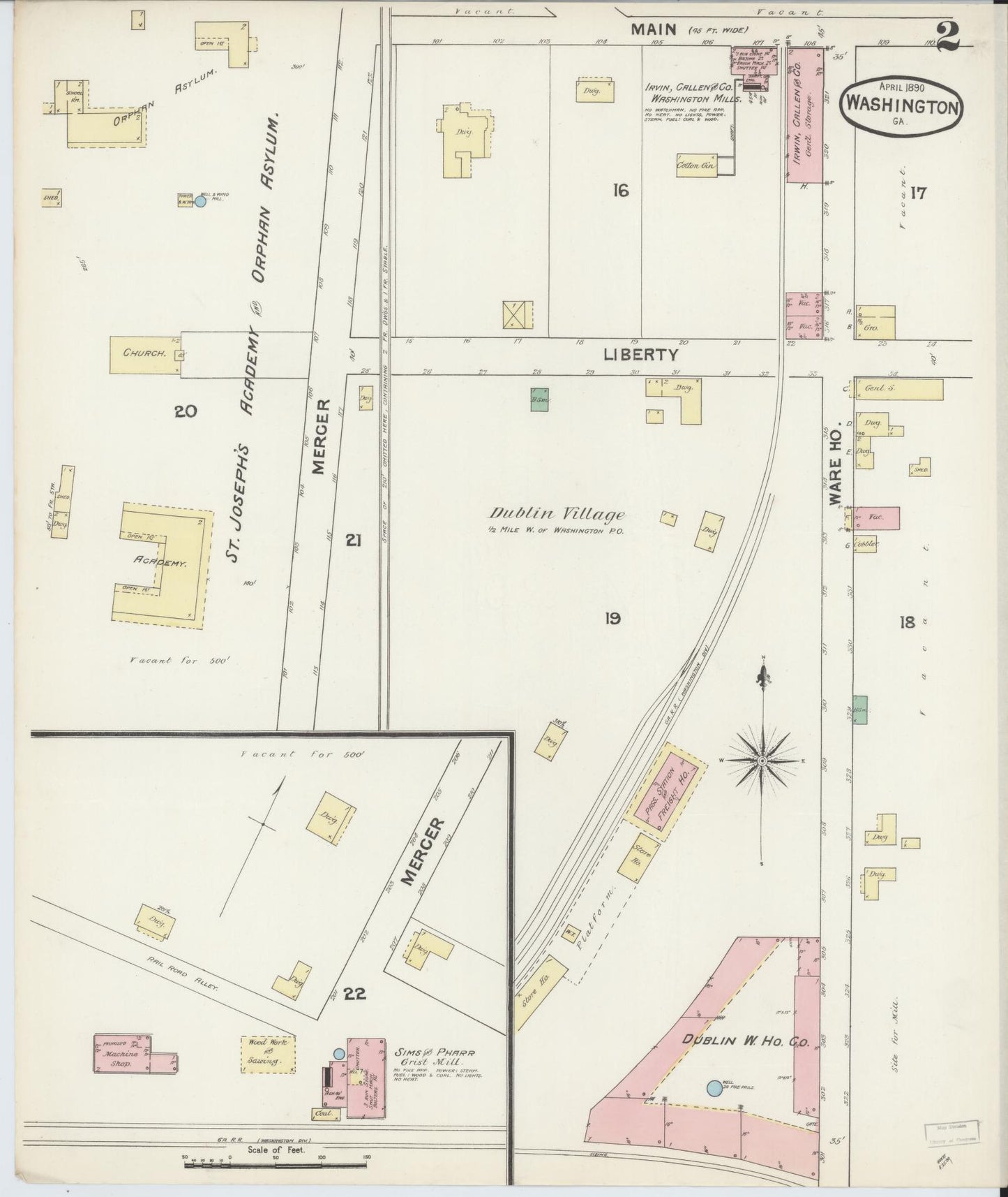 Sanborn Fire Insurance Map from Washington, Wilkes County, Georgia (1890), Sheet #0002 - Historic Sanborn Fire Insurance Map Print, vintage old map wall art, antique decor, genealogy gift, Georgia Georgia map