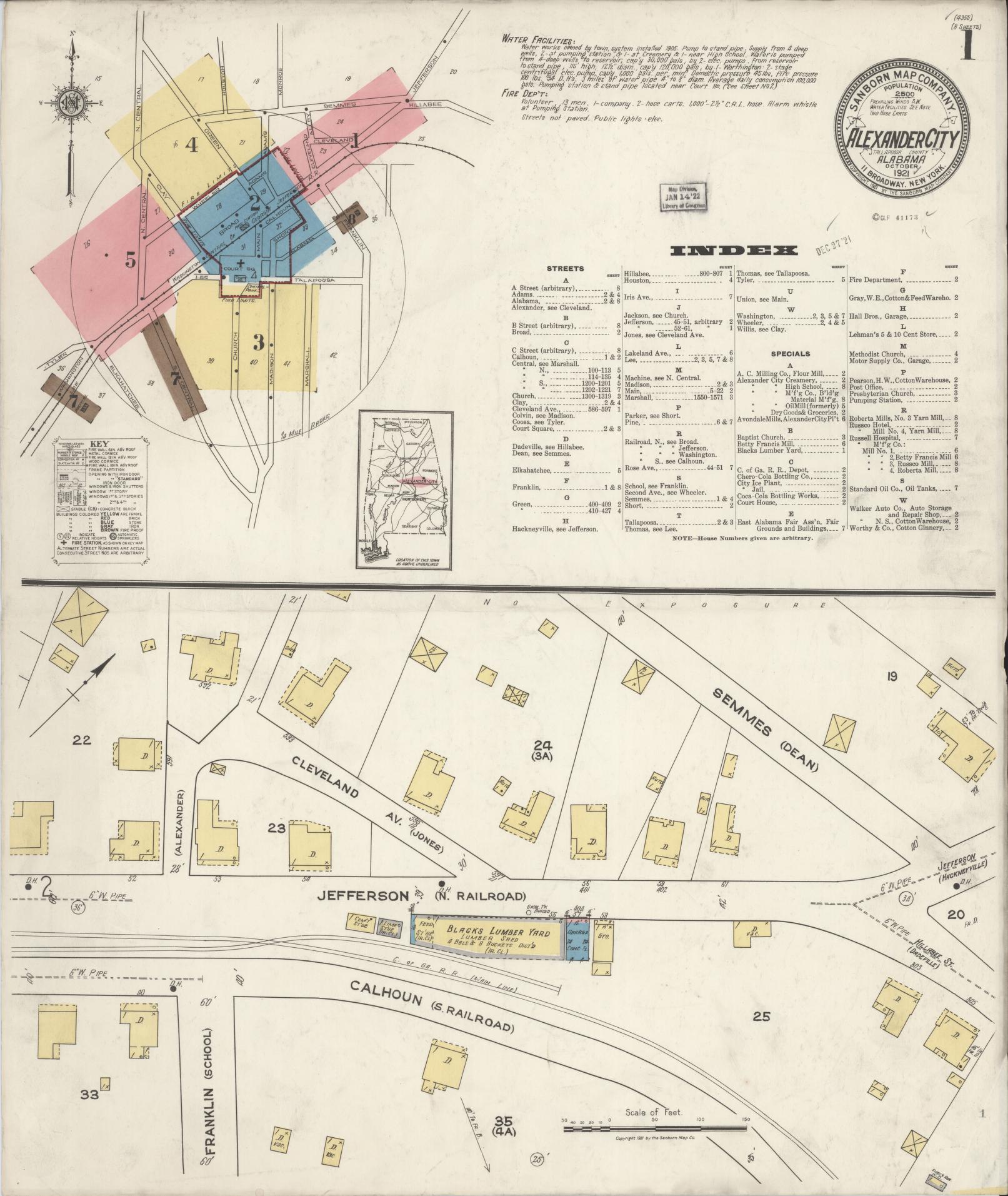 Sanborn Fire Insurance Map from Alexander City, Tallapoosa County, Alabama (1921), Sheet #0001 - Complete Map Set gallery image, historic Sanborn map, vintage wall art, Alabama Alabama