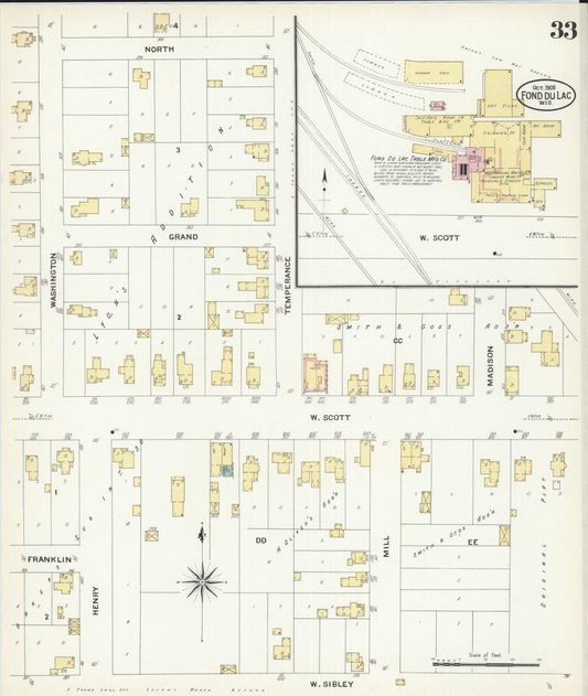 Sanborn Fire Insurance Map from Fond du Lac, Fond du Lac County, Wisconsin (1908), Sheet #0033 - Historic Sanborn Fire Insurance Map Print, vintage old map wall art, antique decor, genealogy gift, Wisconsin Wisconsin map