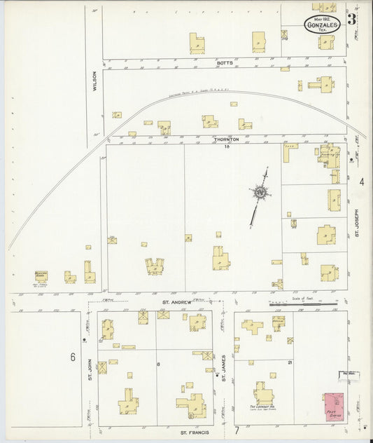 Sanborn Fire Insurance Map from Gonzales, Gonzales County, Texas (1912), Sheet #0003 - Historic Sanborn Fire Insurance Map Print, vintage old map wall art, antique decor, genealogy gift, Texas Texas map