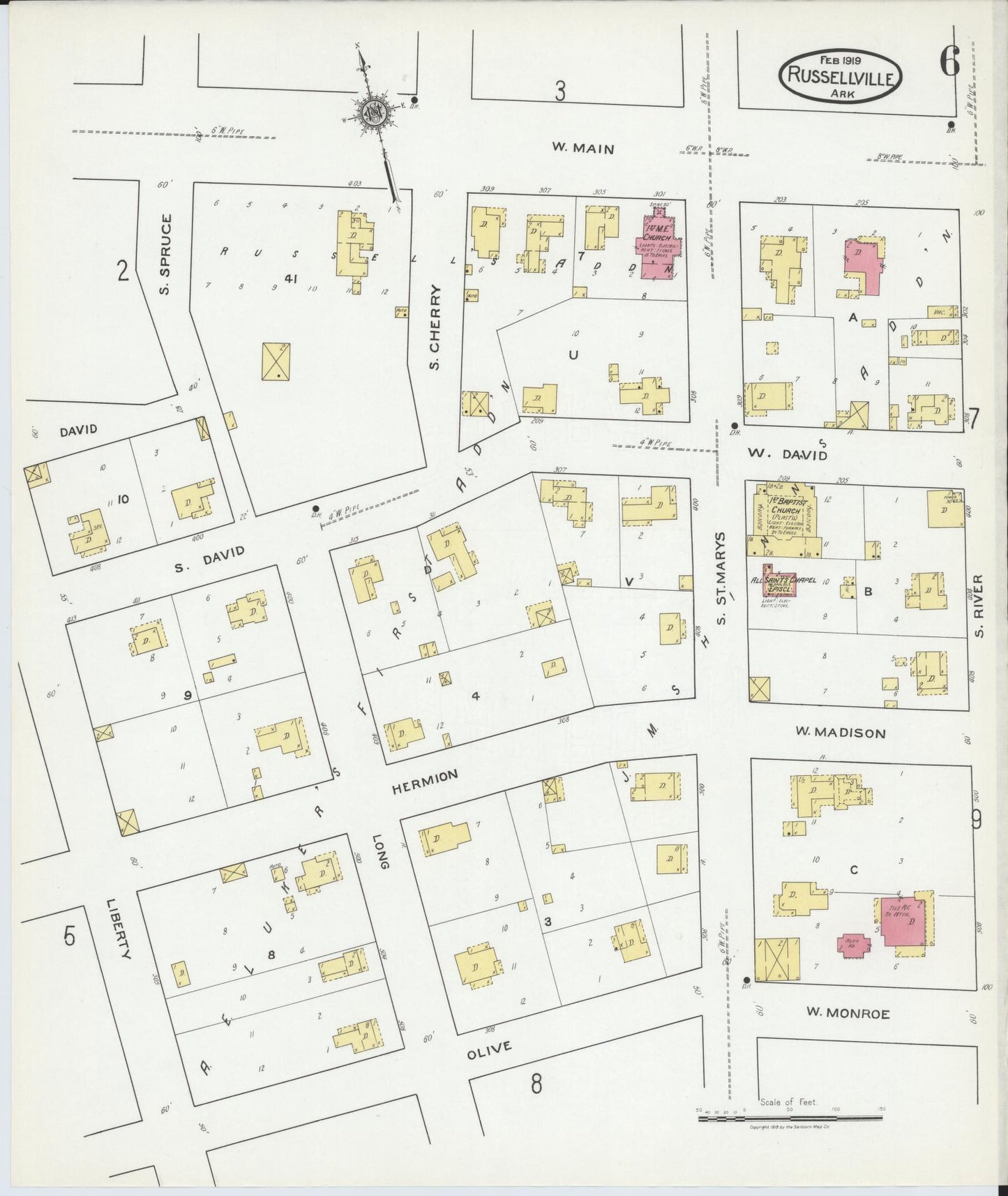 Sanborn Fire Insurance Map from Russellville, Pope County, Arkansas (1919), Sheet #0006 - Complete Map Set gallery image, historic Sanborn map, vintage wall art, Arkansas Arkansas