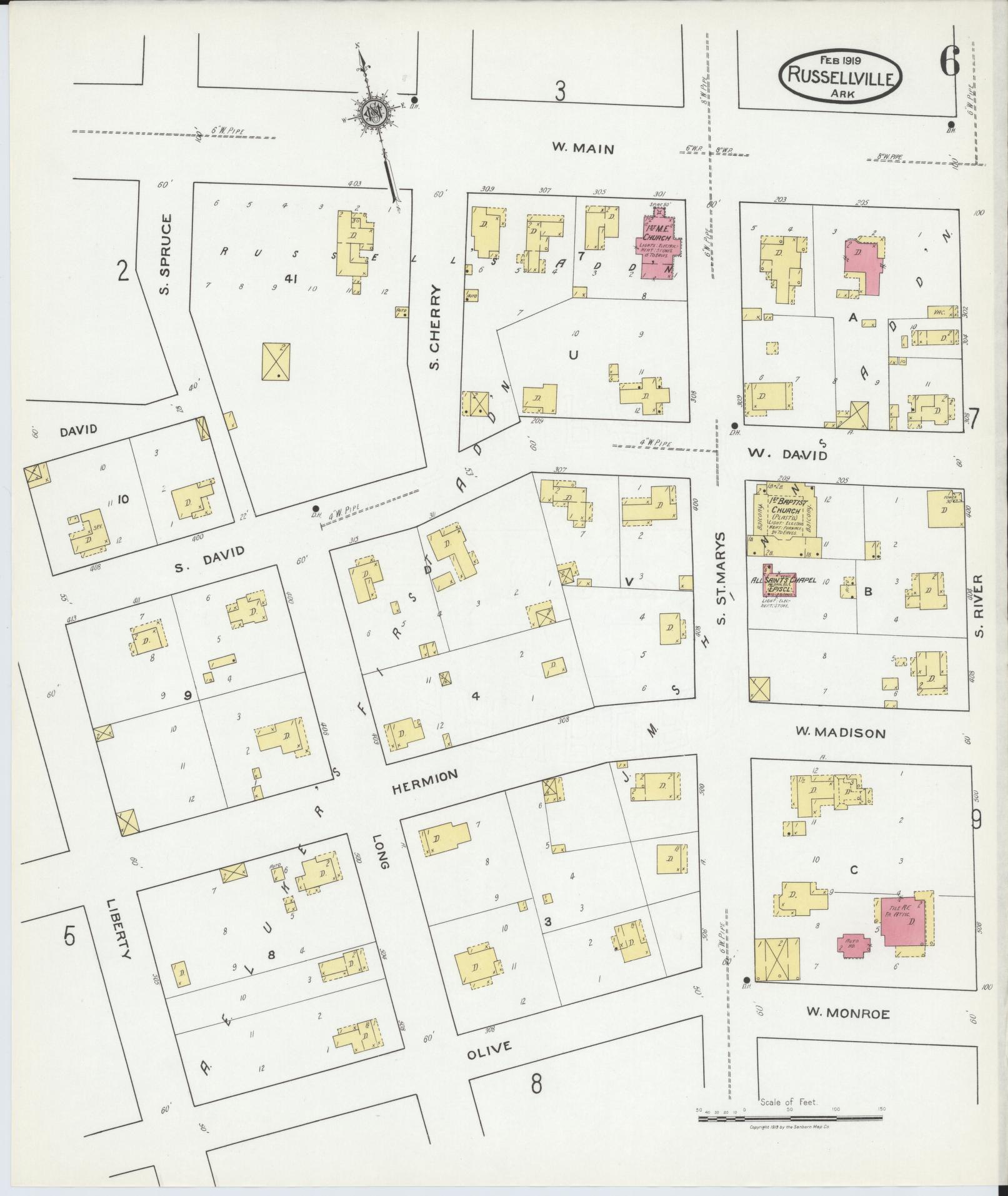 Sanborn Fire Insurance Map from Russellville, Pope County, Arkansas (1919), Sheet #0006 - Complete Map Set gallery image, historic Sanborn map, vintage wall art, Arkansas Arkansas