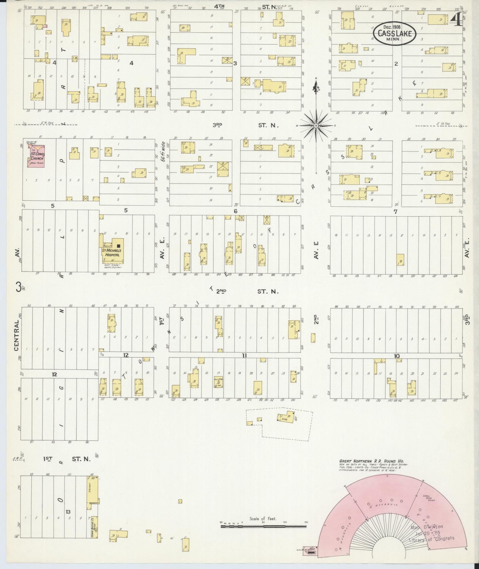 Sanborn Fire Insurance Map from Cass Lake, Cass County, Minnesota (1908), Sheet #0004 - Historic Sanborn Fire Insurance Map Print, vintage old map wall art, antique decor, genealogy gift, Minnesota Minnesota map