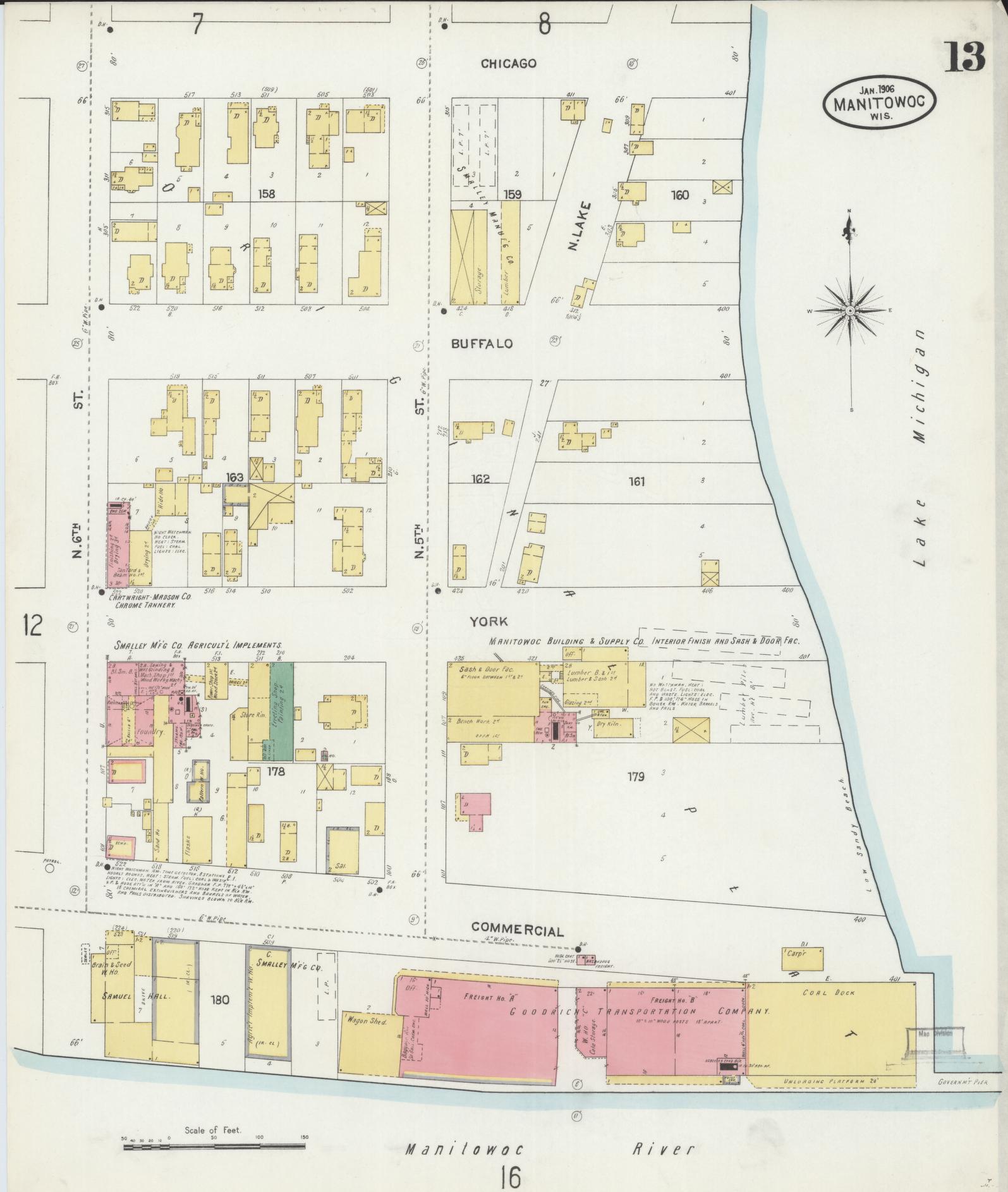 Sanborn Fire Insurance Map from Manitowoc, Manitowoc County, Wisconsin (1906), Sheet #0013 - Complete Map Set gallery image, historic Sanborn map, vintage wall art, Wisconsin Wisconsin