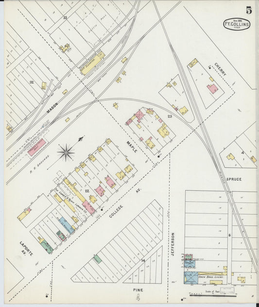 Sanborn Fire Insurance Map from Fort Collins, Larimer County, Colorado (1895), Sheet #0005 - Historic Sanborn Fire Insurance Map Print, vintage old map wall art, antique decor, genealogy gift, Colorado Colorado map