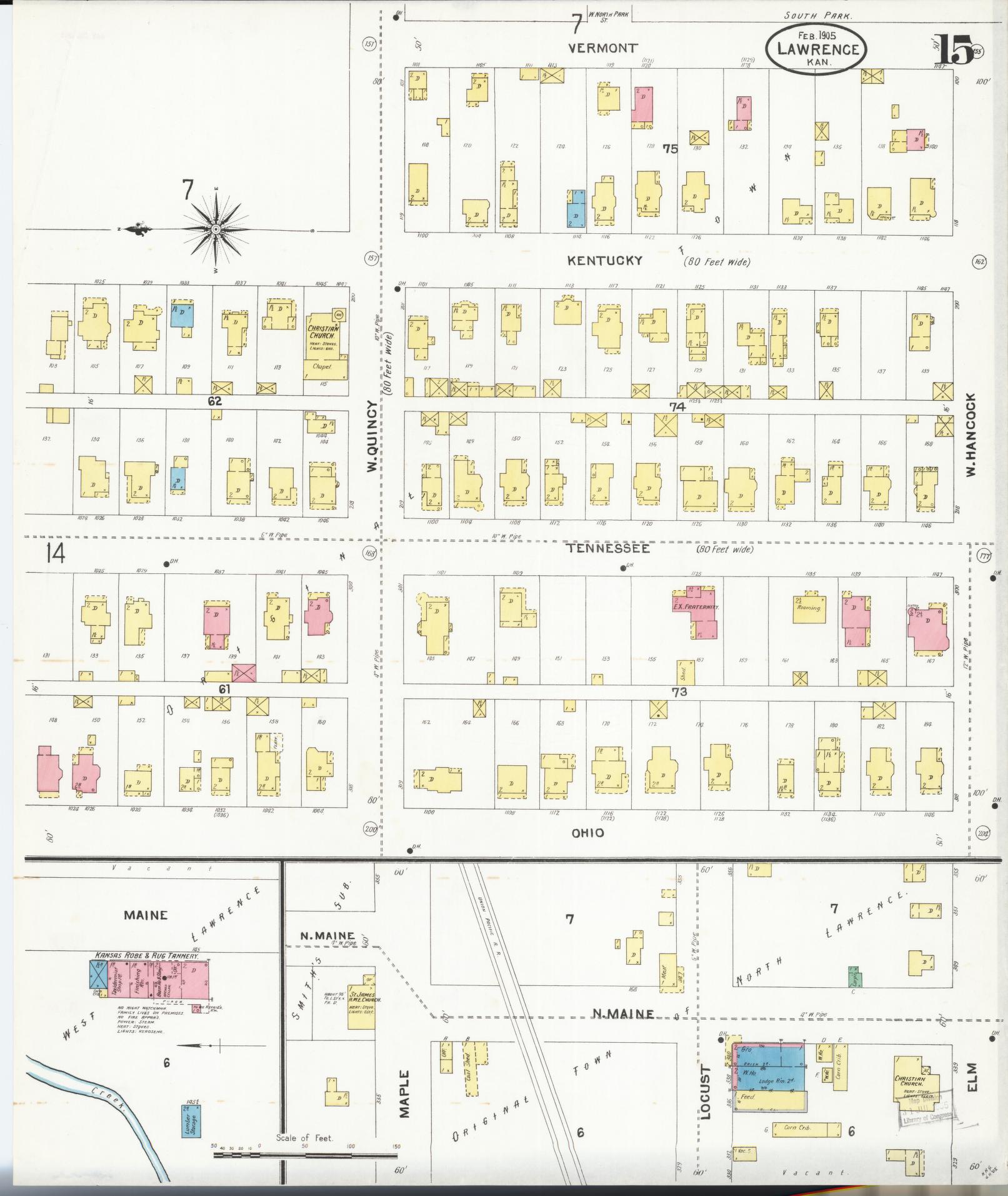 Sanborn Fire Insurance Map from Lawrence, Douglas County, Kansas (1905), Sheet #0015 - Historic Sanborn Fire Insurance Map Print, vintage old map wall art, antique decor, genealogy gift, Kansas Kansas map