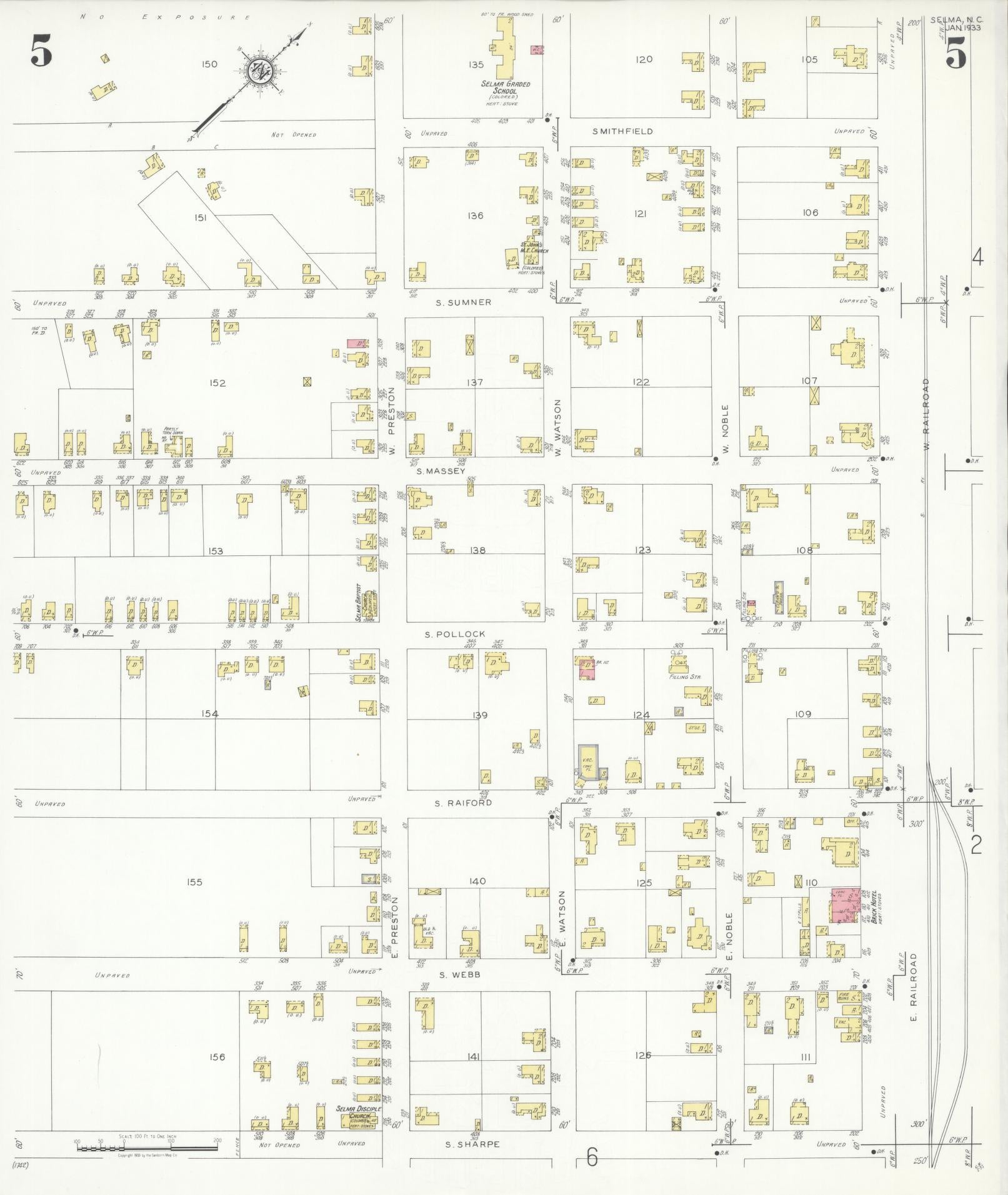Sanborn Fire Insurance Map from Selma, Johnston County, North Carolina (1933), Sheet #0005 - Historic Sanborn Fire Insurance Map Print, vintage old map wall art, antique decor, genealogy gift, North Carolina North Carolina map