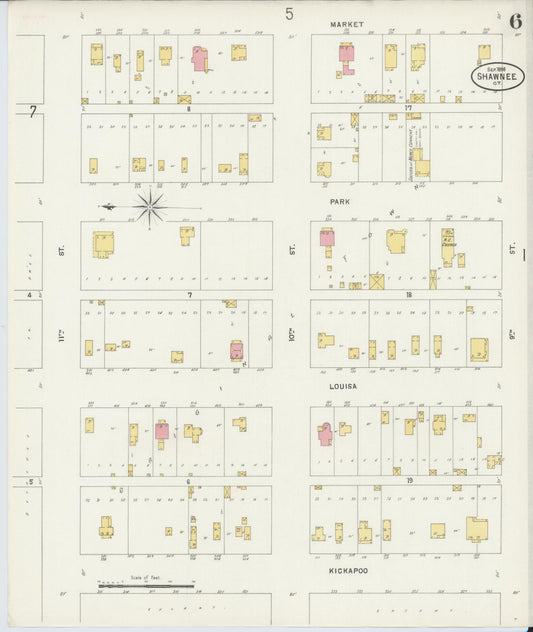 Sanborn Fire Insurance Map from Shawnee, Pottawatomie County, Oklahoma (1898), Sheet #0006 - Historic Sanborn Fire Insurance Map Print, vintage old map wall art, antique decor, genealogy gift, Oklahoma Oklahoma map