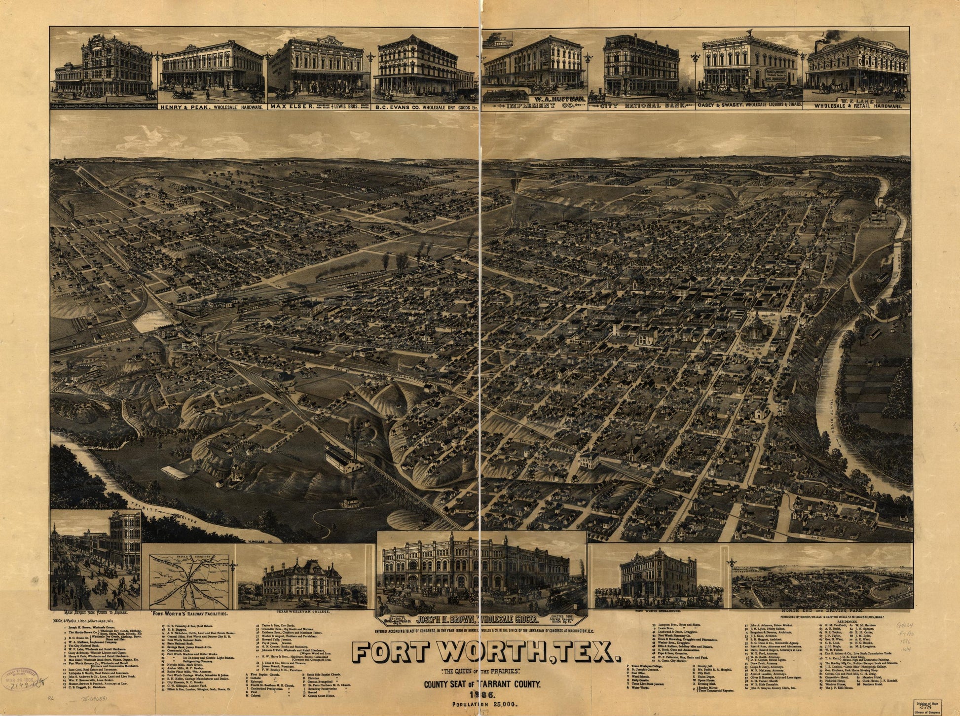 Fort Worth, Tex., "The Queen of the Prairies," county seat of Tarrant County 1886. (1886) – Historic Bird’s-Eye View Panorama Print