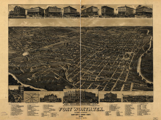 Fort Worth, Tex., "The Queen of the Prairies," county seat of Tarrant County 1886. (1886) – Historic Bird’s-Eye View Panorama Print