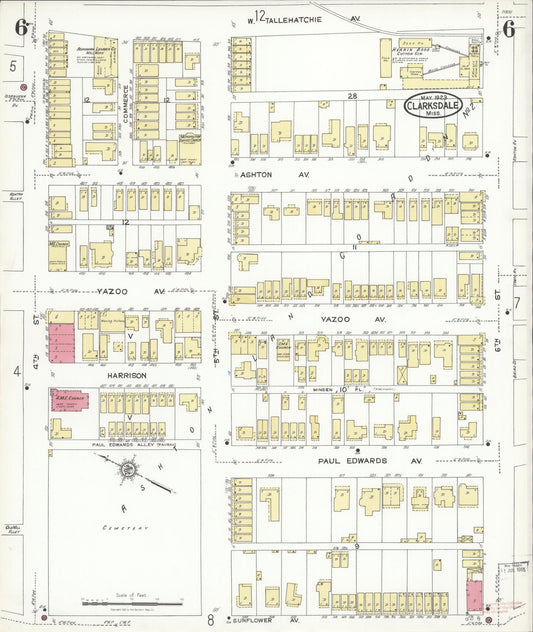 Sanborn Fire Insurance Map from Clarksdale, Coahoma County, Mississippi (1923), Sheet #0006 - Historic Sanborn Fire Insurance Map Print, vintage old map wall art, antique decor, genealogy gift, Mississippi Mississippi map