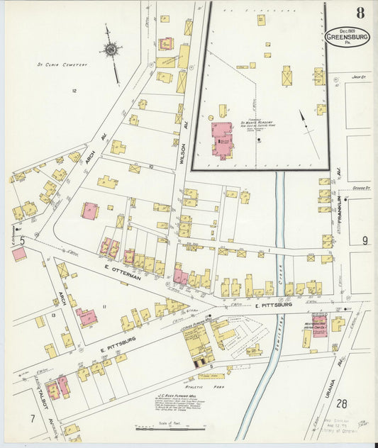 Sanborn Fire Insurance Map from Greensburg, Westmoreland County, Pennsylvania (1909), Sheet #0008 - Historic Sanborn Fire Insurance Map Print, vintage old map wall art, antique decor, genealogy gift, Pennsylvania Pennsylvania map