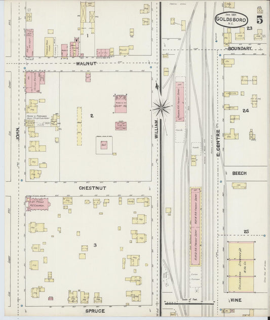 Sanborn Fire Insurance Map from Goldsboro, Wayne County, North Carolina (1891), Sheet #0005 - Historic Sanborn Fire Insurance Map Print, vintage old map wall art, antique decor, genealogy gift, North Carolina North Carolina map