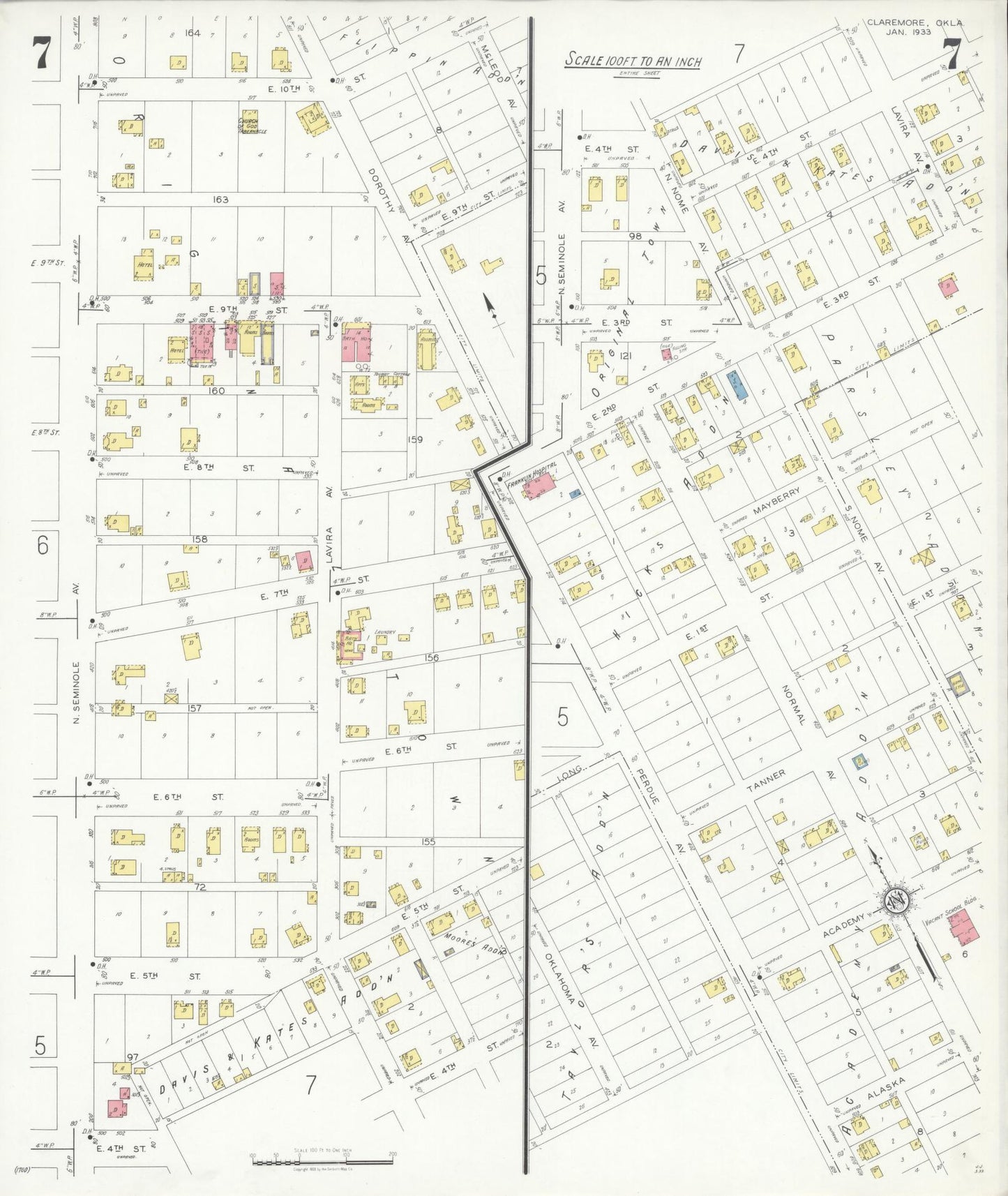 Sanborn Fire Insurance Map from Claremore, Rogers County, Oklahoma (1933), Sheet #0007 - Historic Sanborn Fire Insurance Map Print, vintage old map wall art, antique decor, genealogy gift, Oklahoma Oklahoma map