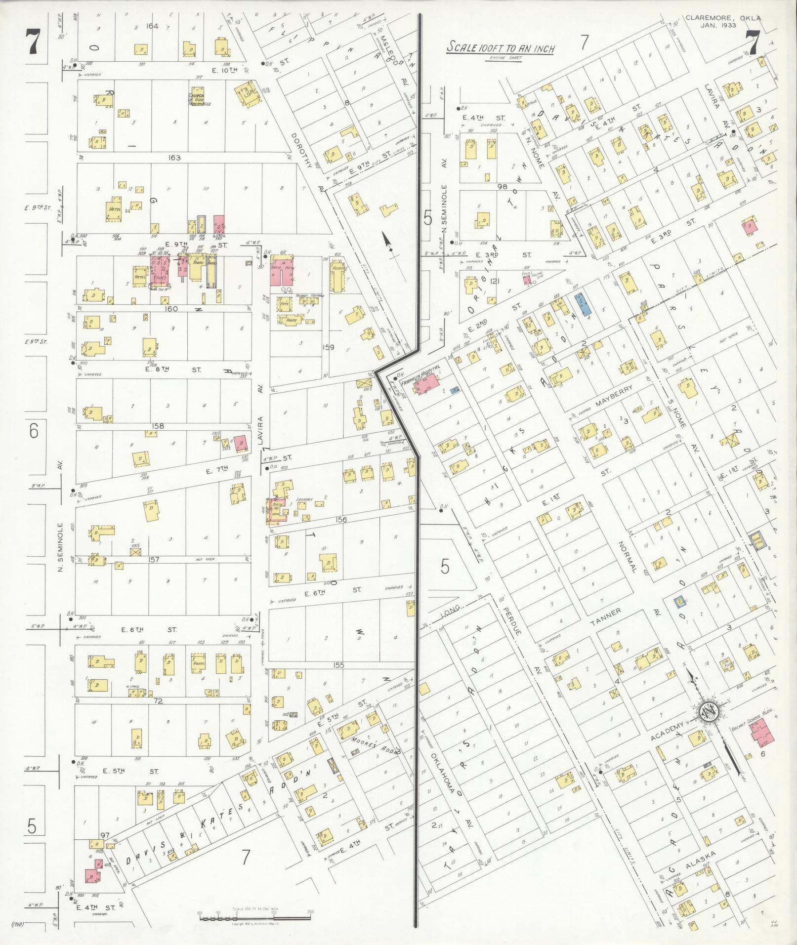 Sanborn Fire Insurance Map from Claremore, Rogers County, Oklahoma (1933), Sheet #0007 - Historic Sanborn Fire Insurance Map Print, vintage old map wall art, antique decor, genealogy gift, Oklahoma Oklahoma map