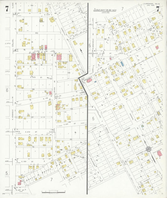 Sanborn Fire Insurance Map from Claremore, Rogers County, Oklahoma (1933), Sheet #0007 - Historic Sanborn Fire Insurance Map Print, vintage old map wall art, antique decor, genealogy gift, Oklahoma Oklahoma map