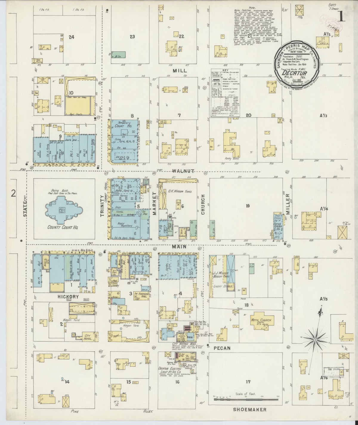 Sanborn Fire Insurance Map from Decatur, Wise County, Texas (1896), Sheet #0001 - Historic Sanborn Fire Insurance Map Print, vintage old map wall art, antique decor, genealogy gift, Texas Texas map