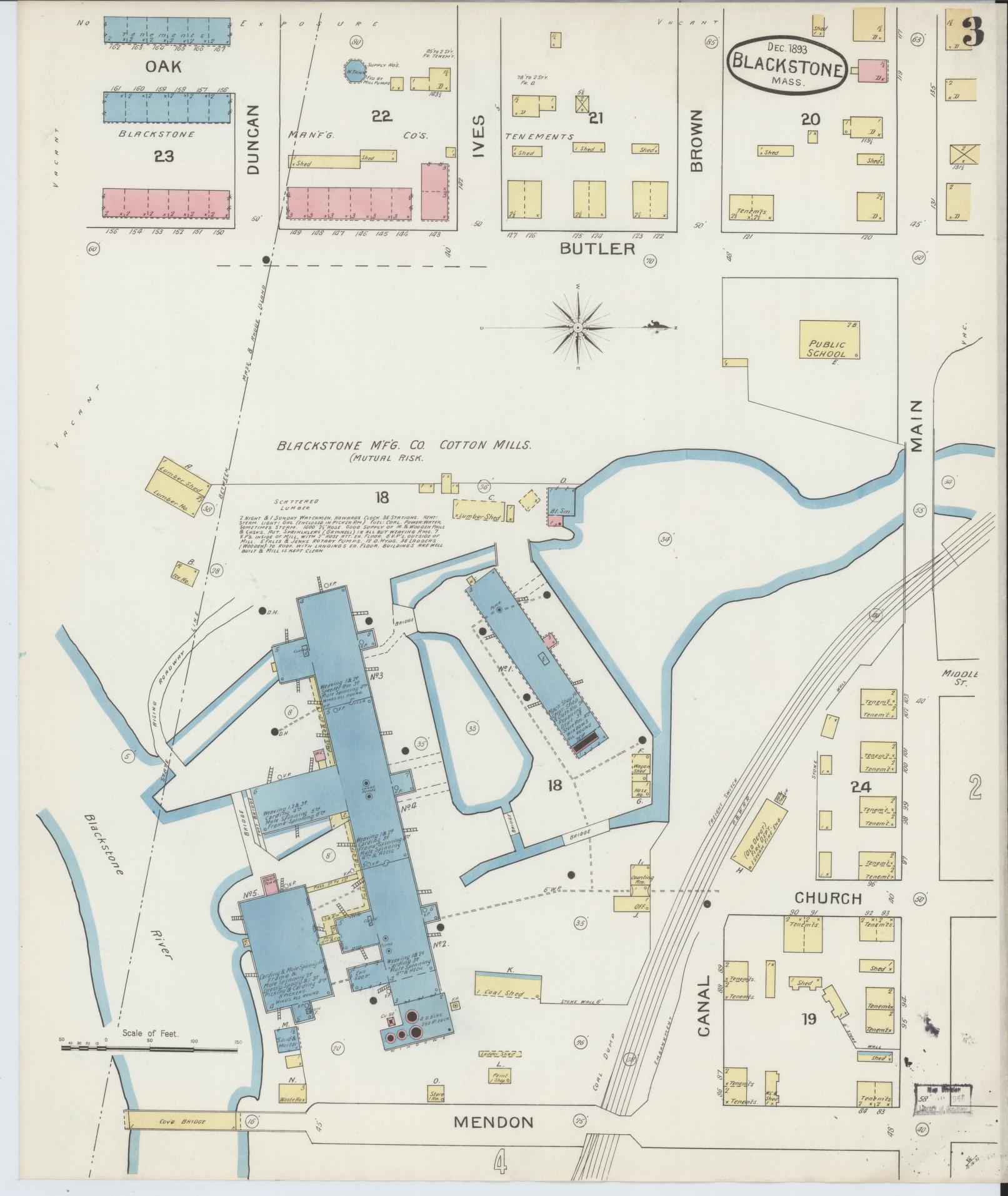Sanborn Fire Insurance Map from Blackstone, Worcester County, Massachusetts (1893), Sheet #0003 - Historic Sanborn Fire Insurance Map Print, vintage old map wall art, antique decor, genealogy gift, Massachusetts Massachusetts map