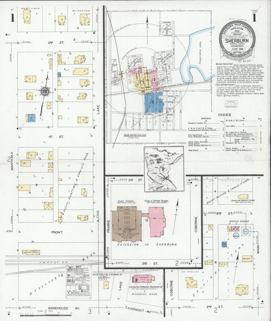 Sanborn Fire Insurance Map from Sherburn, Martin County, Minnesota (1928), Sheet #0001 - Historic Sanborn Fire Insurance Map Print, vintage old map wall art, antique decor, genealogy gift, Minnesota Minnesota map