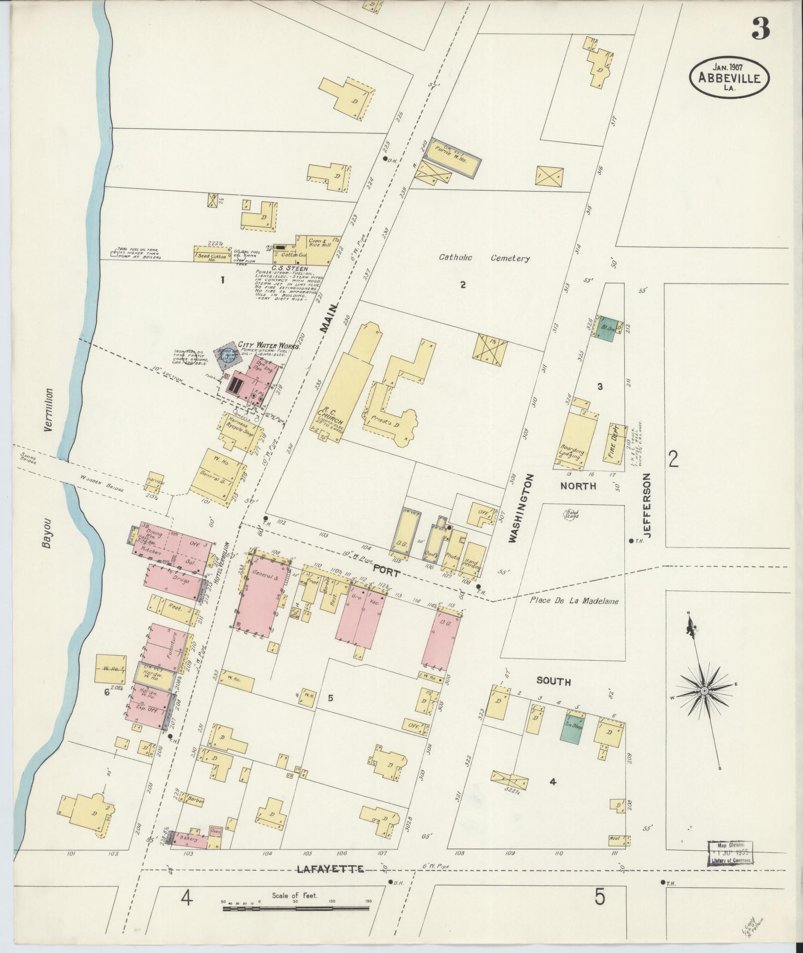 Sanborn Fire Insurance Map from Abbeville, Vermilion Parish, Louisiana (1907), Sheet #0003 - Historic Sanborn Fire Insurance Map Print, vintage old map wall art, antique decor, genealogy gift, Louisiana Louisiana map