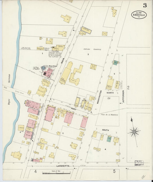 Sanborn Fire Insurance Map from Abbeville, Vermilion Parish, Louisiana (1907), Sheet #0003 - Historic Sanborn Fire Insurance Map Print, vintage old map wall art, antique decor, genealogy gift, Louisiana Louisiana map