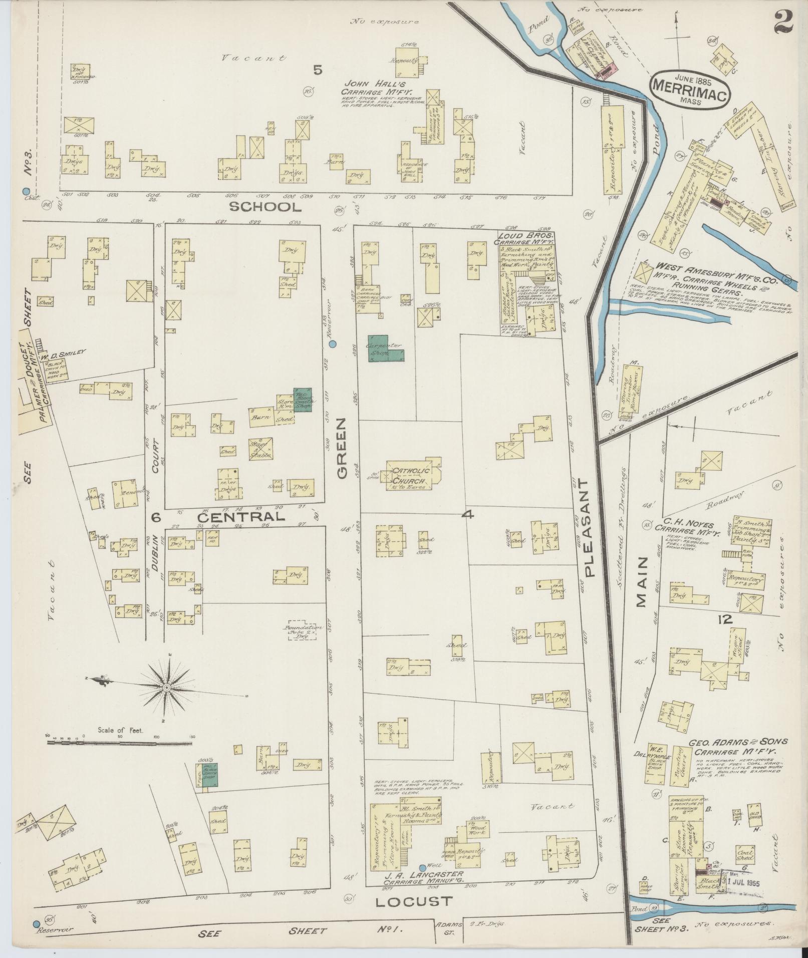 Sanborn Fire Insurance Map from Merrimac, Essex County, Massachusetts (1885), Sheet #0002 - Historic Sanborn Fire Insurance Map Print, vintage old map wall art, antique decor, genealogy gift, Massachusetts Massachusetts map
