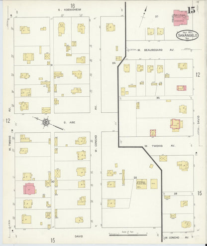Sanborn Fire Insurance Map from San Angelo, Tom Green County, Texas (1913), Sheet #0015 - Historic Sanborn Fire Insurance Map Print, vintage old map wall art, antique decor, genealogy gift, Texas Texas map