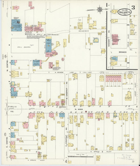 Sanborn Fire Insurance Map from Nazareth, Northampton County, Pennsylvania (1912), Sheet #0003 - Historic Sanborn Fire Insurance Map Print, vintage old map wall art, antique decor, genealogy gift, Pennsylvania Pennsylvania map