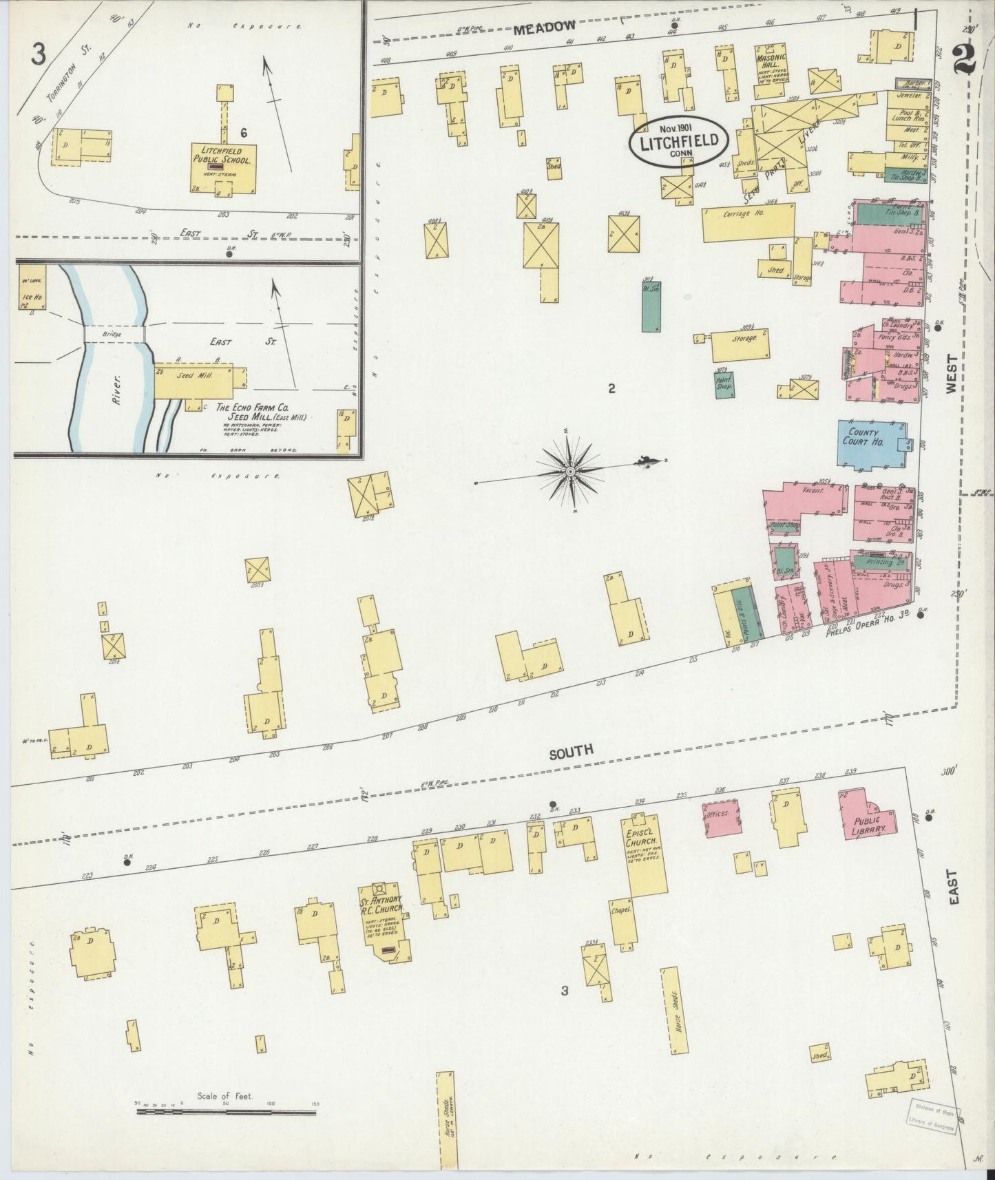 Sanborn Fire Insurance Map from Litchfield, Litchfield County, Connecticut (1901), Sheet #0002 - Complete Map Set gallery image, historic Sanborn map, vintage wall art, Connecticut Connecticut