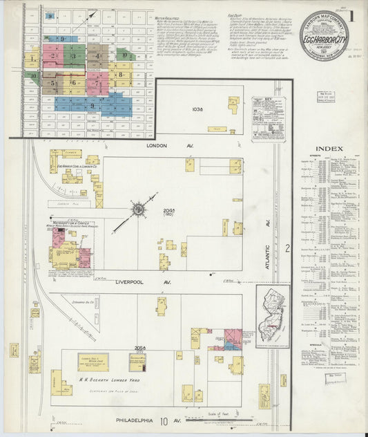 Sanborn Fire Insurance Map from Egg Harbor City, Atlantic County, New Jersey (1917), Sheet #0001 - Complete Map Set gallery image, historic Sanborn map, vintage wall art, New Jersey New Jersey