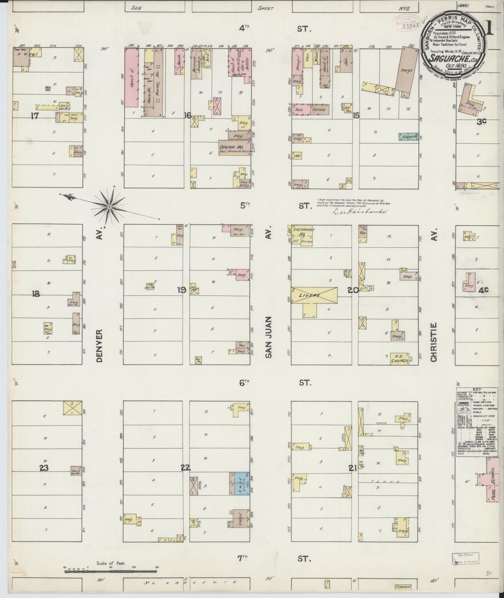 Sanborn Fire Insurance Map from Saguache, Saguache County, Colorado (1890), Sheet #0001 - Complete Map Set gallery image, historic Sanborn map, vintage wall art, Colorado Colorado