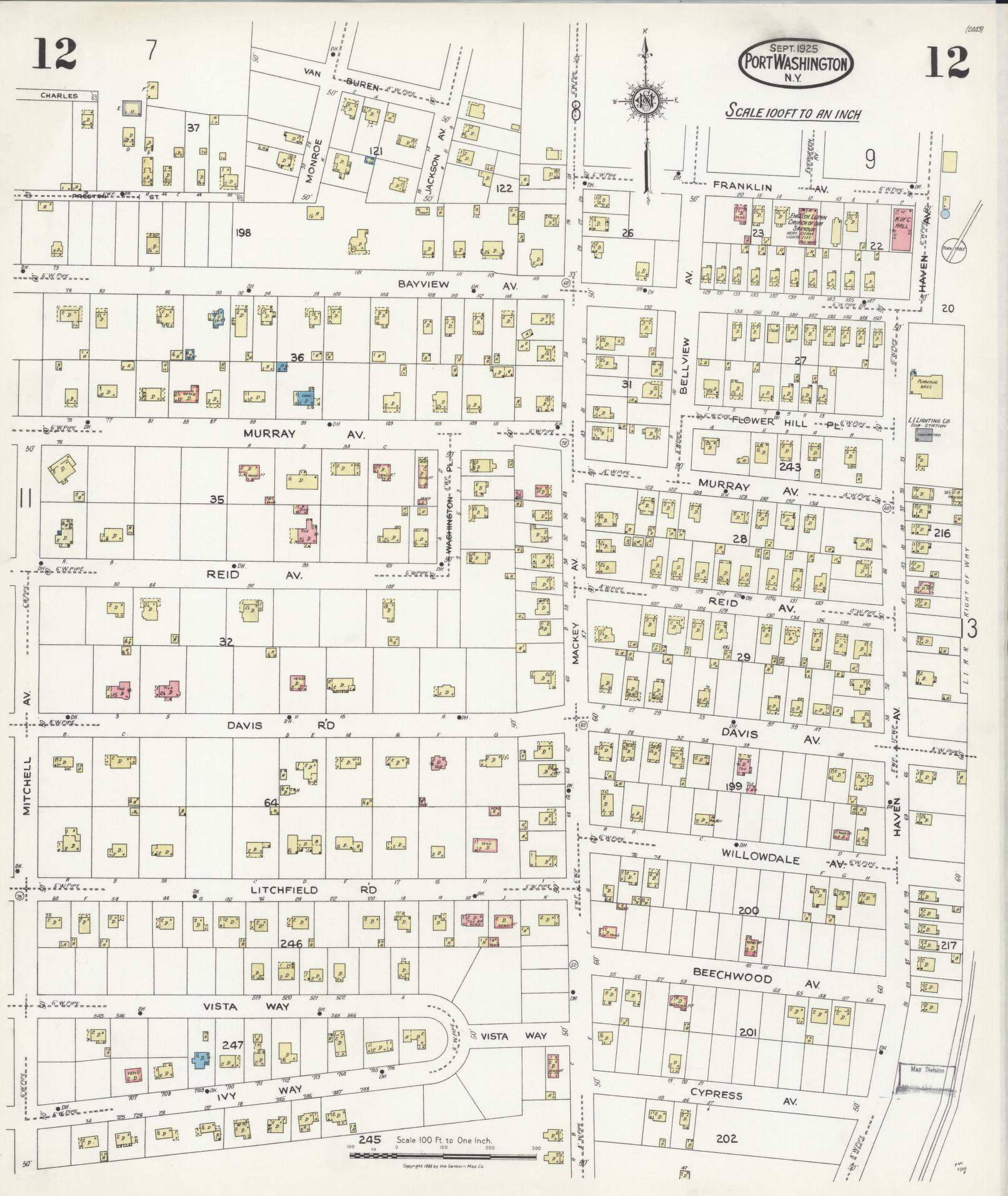 Sanborn Fire Insurance Map from Port Washington, Nassau County, New York (1925), Sheet #0012 - Historic Sanborn Fire Insurance Map Print, vintage old map wall art, antique decor, genealogy gift, New York New York map