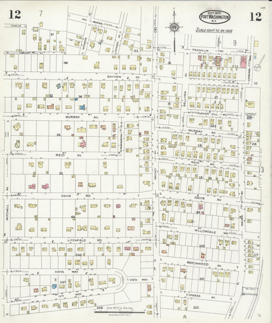 Sanborn Fire Insurance Map from Port Washington, Nassau County, New York (1925), Sheet #0012 - Historic Sanborn Fire Insurance Map Print, vintage old map wall art, antique decor, genealogy gift, New York New York map