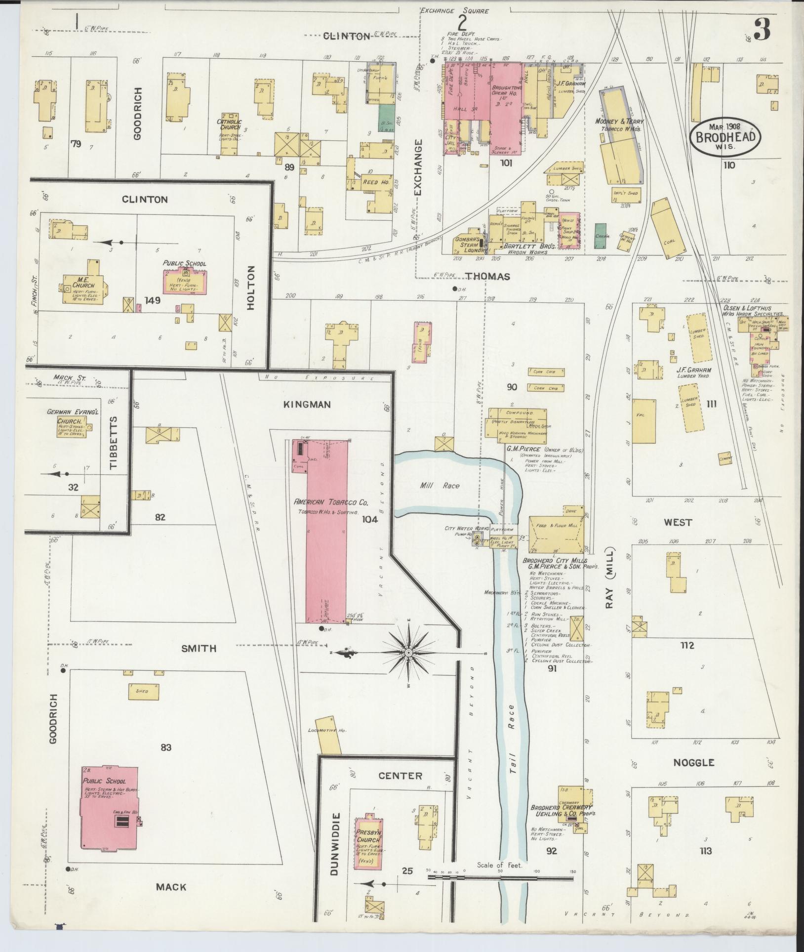 Sanborn Fire Insurance Map from Brodhead, Green County, Wisconsin (1908), Sheet #0003 - Historic Sanborn Fire Insurance Map Print, vintage old map wall art, antique decor, genealogy gift, Wisconsin Wisconsin map