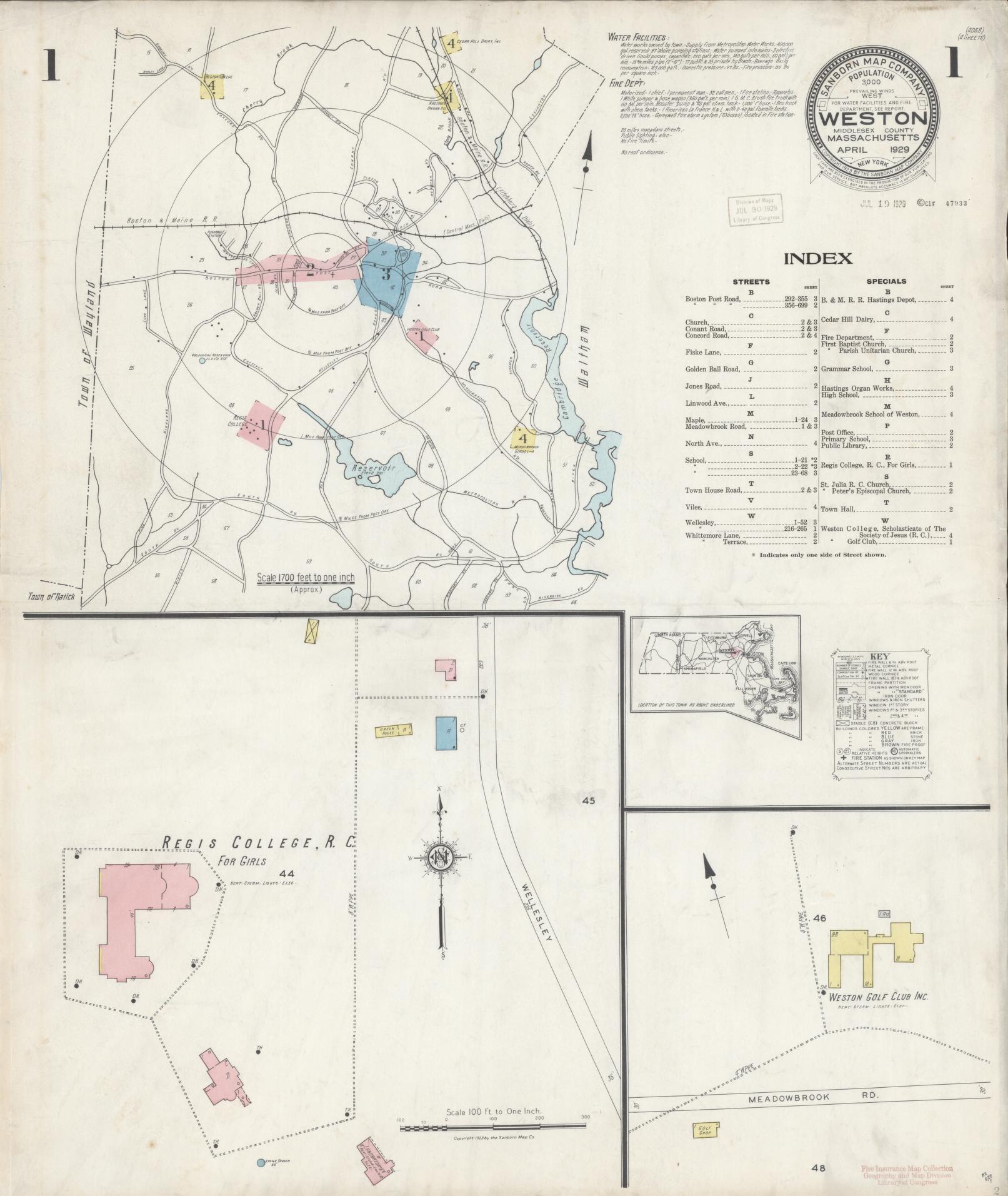 Sanborn Fire Insurance Map from Weston, Middlesex County, Massachusetts (1929), Sheet #0001 - Complete Map Set gallery image, historic Sanborn map, vintage wall art, Massachusetts Massachusetts