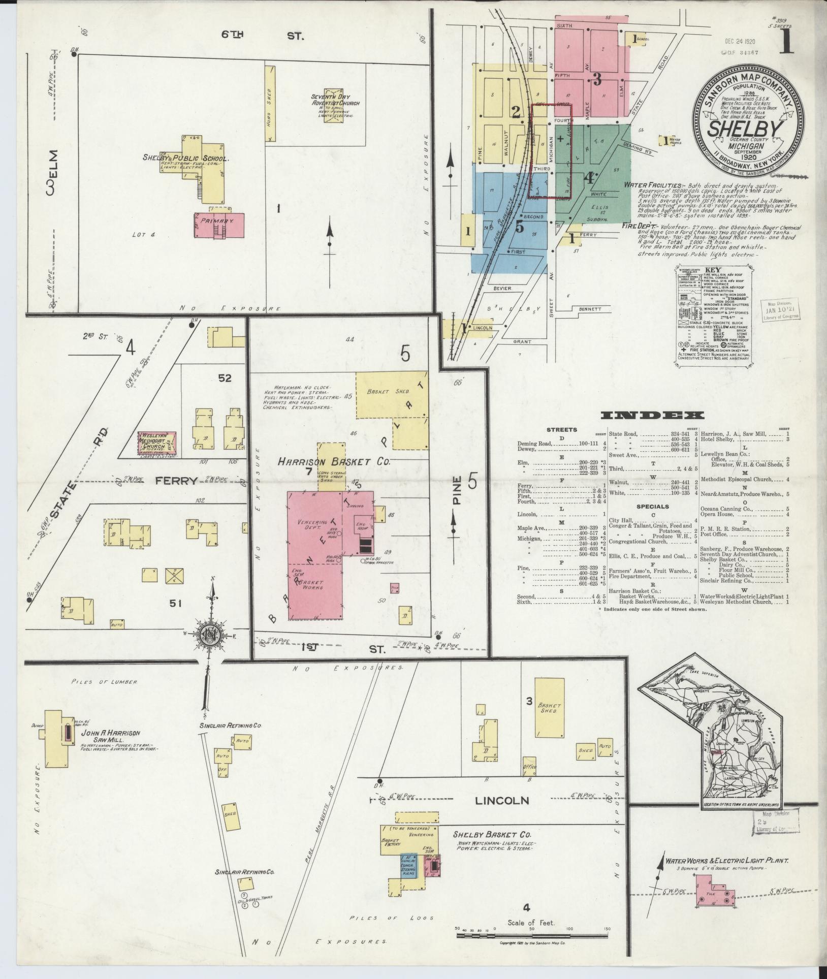 Sanborn Fire Insurance Map from Shelby, Oceana County, Michigan (1920), Sheet #0001 - Historic Sanborn Fire Insurance Map Print, vintage old map wall art, antique decor, genealogy gift, Michigan Michigan map