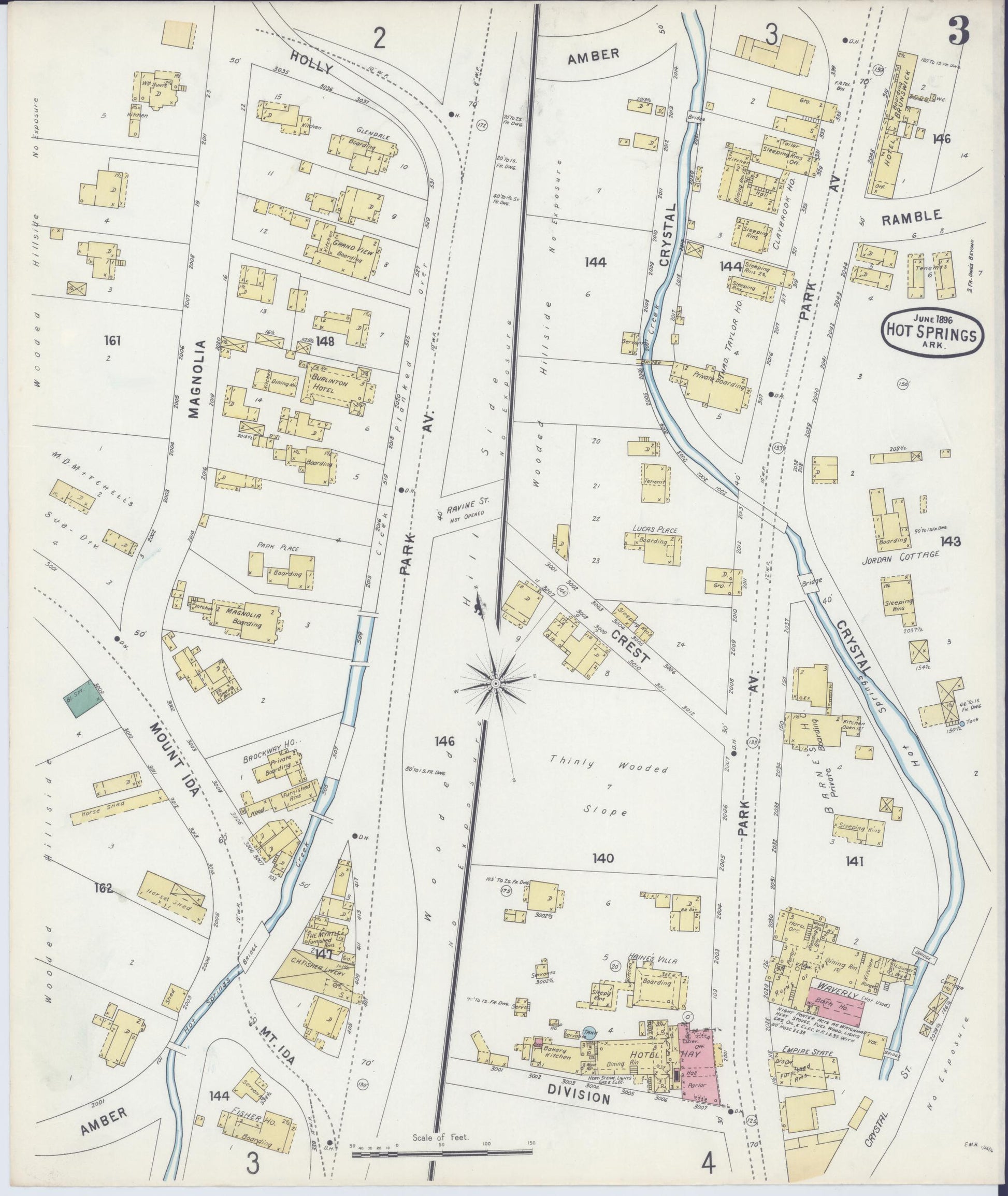 Sanborn Fire Insurance Map from Hot Springs, Garland County, Arkansas (1896), Sheet #0003 - Historic Sanborn Fire Insurance Map Print, vintage old map wall art, antique decor, genealogy gift, Arkansas Arkansas map