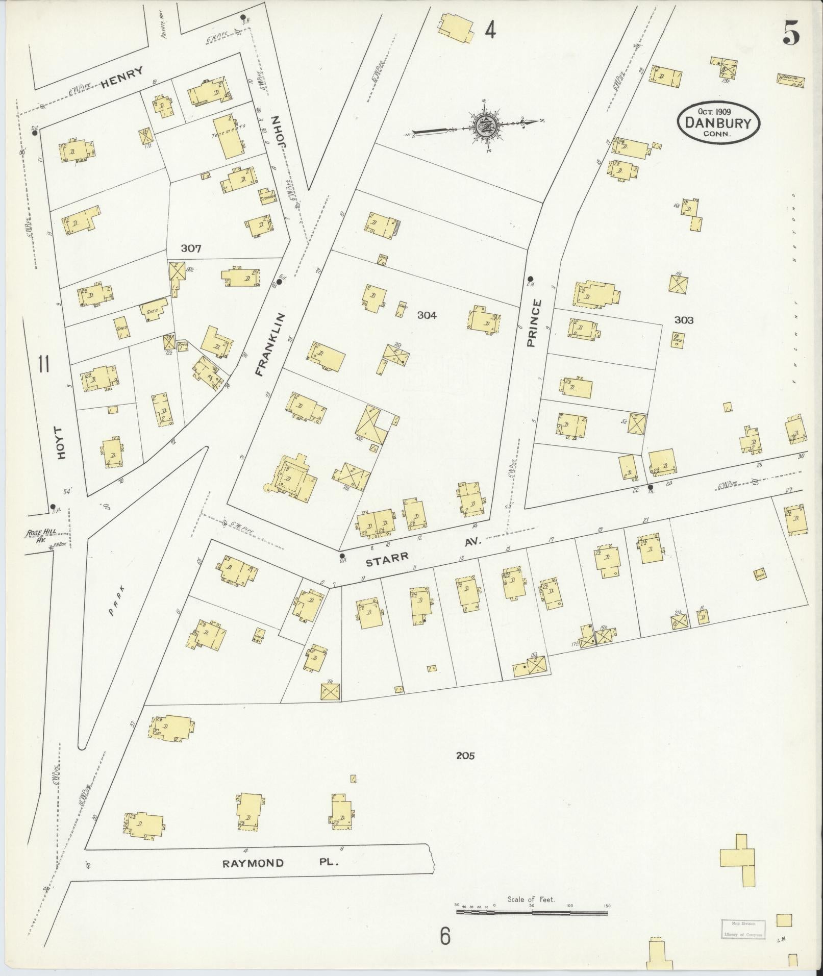 Sanborn Fire Insurance Map from Danbury, Fairfield County, Connecticut (1909), Sheet #0005 - Complete Map Set gallery image, historic Sanborn map, vintage wall art, Connecticut Connecticut